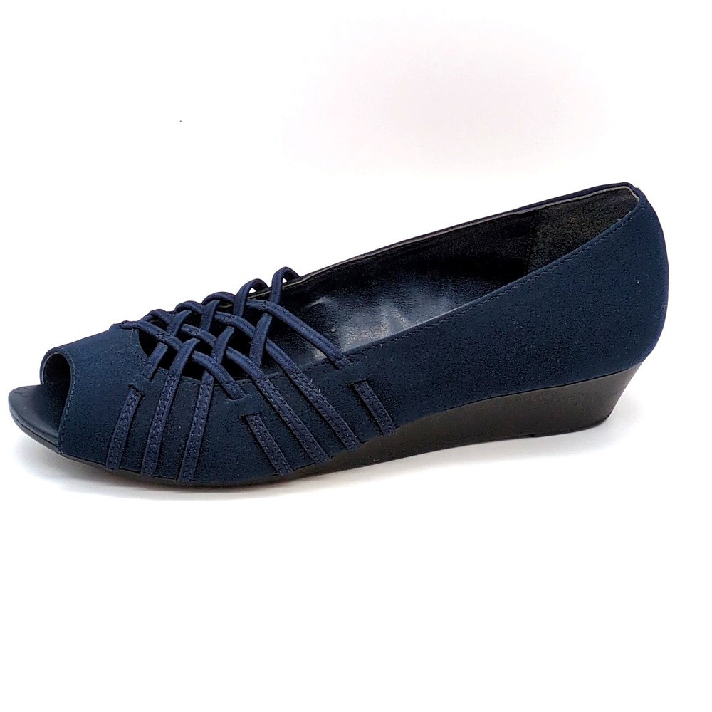 East 5th Shoes Womens‎ Grace Blue 8.5 Slip On Pumps Peep Toe Wedge Heel Dressy